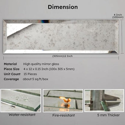 Peel and Stick Mirror Backsplash, Light Antique, 4x12 Inch, Beveled Mirror Subway Kitchen Bar Wall Tile (5 Sq.ft, 15 Pcs)