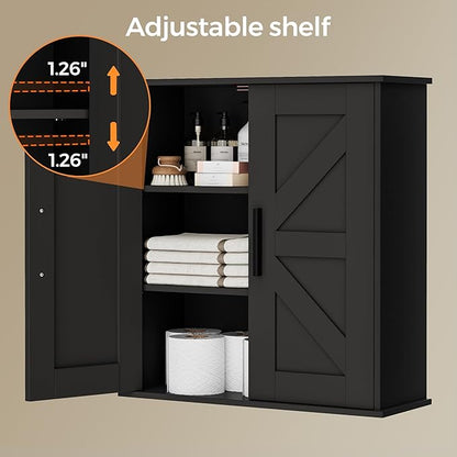 Bathroom Wall Cabinet, Over Toilet Storage Cabinet with Barn Doors and Adjustable Shelves, 3-Tier Medicine Cabinet Wall Mounted, for Bathroom, Kitchen, Entryway, Laundry Room, Black, (7.9" D)