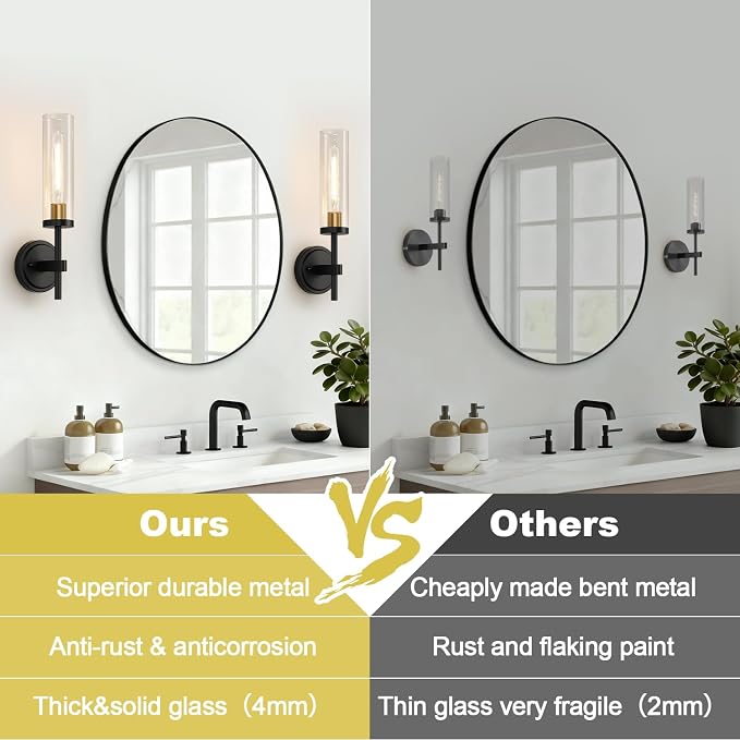 Hardwired Wall Sconces Set of Two, Black and Gold Bathroom Sconces with Clear Glass, Modern Wall Light Fixtures for Bathroom Mirror Vanity, Living Room, Bedroom, Hallway, Stairway, Cabinet, Foyer