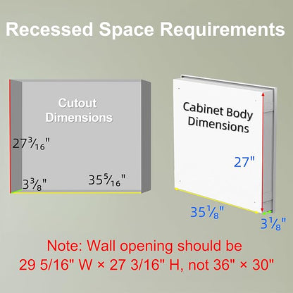 Buruis 36 x 30 Inch Framed Medicine Cabinet Mirror, Recessed/Wall Mounted | Fully Assembled, Fits 35-5/16 x 27-3/16 Inch Rough Opening, Adjustable Glass Shelves, Soft-Close Hinges, White