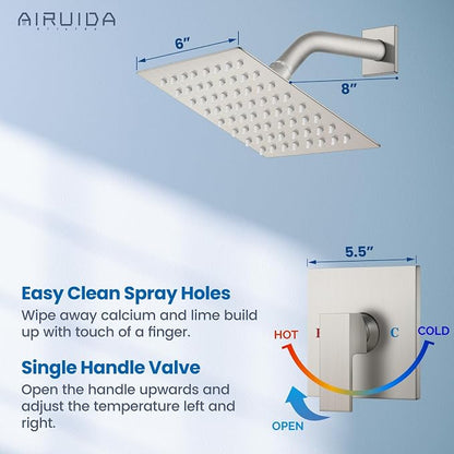 Airuida Shower Faucet Set,6 Inch Shower Valve Kit,Brushed Nickel | Male Threads,Rough-in Valve Shower Trim Kit,Single Handle Control Shower Set