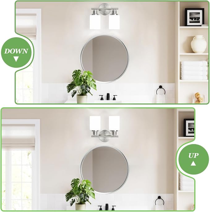 2-Light Vanity Lights, Brushed Nickel Bathroom Light Fixture with Striped Textured Milky White Glass Shade, E26 Modern Vanity Lighting Fixture for Bathroom Wall Sconce Light Over Mirror
