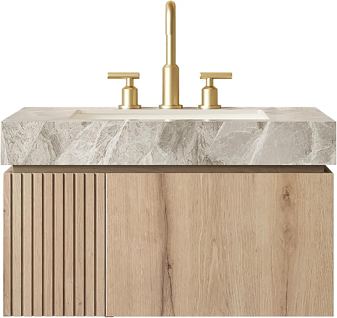KEIKI 30 Inch Floating Bathroom Vanity with Sink, Modern Wall Mounted Storage Cabinet with Drawer, Pre-Assembled Waterproof Wood Panels, Sintered Stone Top & Ceramic Basin Combo Set, White Oak & Grey