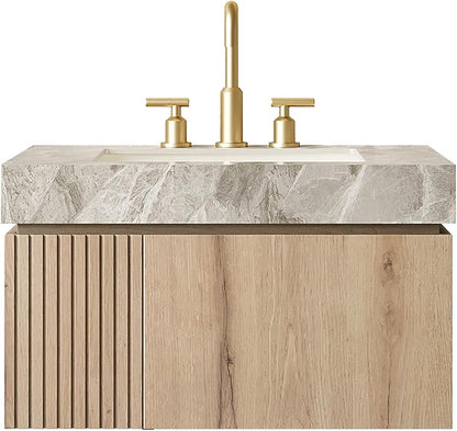 KEIKI 30 Inch Floating Bathroom Vanity with Sink, Modern Wall Mounted Storage Cabinet with Drawer, Pre-Assembled Waterproof Wood Panels, Sintered Stone Top & Ceramic Basin Combo Set, White Oak & Grey
