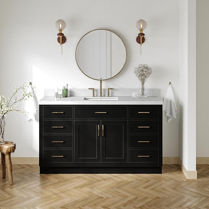 ARIEL Hepburn 60-inch Bathroom Vanity with Sink,Solid Wood, 1.5-inch Carrara White Quartz Countertop & Backsplash, Single Rectangular Porcelain Sink, 2 Soft Closing Doors, 9 Dovetail Drawers, Black