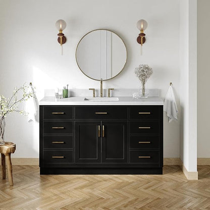 ARIEL Hepburn 60-inch Bathroom Vanity with Sink,Solid Wood, 1.5-inch Carrara White Quartz Countertop & Backsplash, Single Rectangular Porcelain Sink, 2 Soft Closing Doors, 9 Dovetail Drawers, Black