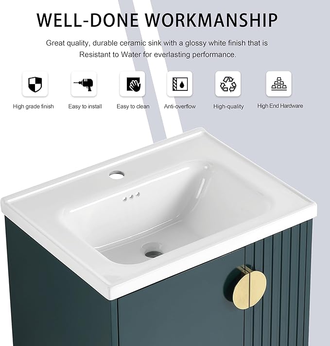 24 Inch Bathroom Vanity with Sink, 24" Floating Vanity with White Glossy Ceramic Sink, Plywood Wooden Bathroom Cabinet with Soft-Close Doors, Modern Wall Mounted Cabinet Set (Green)