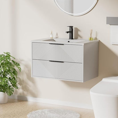 LUCKWIND 30" Floating Bathroom Vanity with Sink Combo, Wall Mounted Floating Cabinet with 2 Large Soft-Close Drawers & Water Saving Faucet, Geometric Textured Design in White