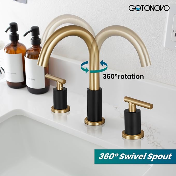 gotonovo 3 Hole 2 Handles Lavatory Basin Bathroom Sink Faucet with Pop Up Drain with Hot and Cold Mixer Valves 8 Inch Widespread Bathroom Faucet Matte Black & Gold