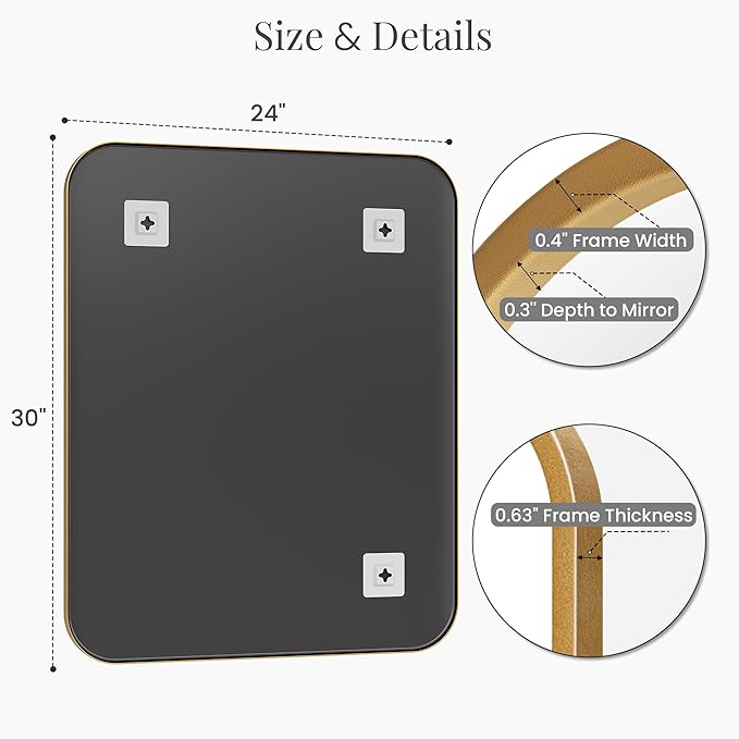 2-Pack 24x30 Inch Antique Gold Rounded Rectangle Vanity Mirrors | Double Vanity or Two Bathrooms, Pair or Separate Use, Iron Frame, Layered Shadow Box Look, Two-Way Mount