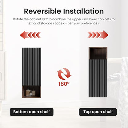 12" Floating Bathroom Storage Cabinet, Modern Wall Cabinets with Soft-Closing Door & Open Shelf, Bathroom Side Cabinet for Small Spaces, Apartment, Walnut+Black