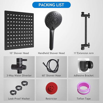 Black Shower Head Combo,10 Inch High Pressure Rain with 11" Extension Arm | 5 Settings Handheld Powerful Shower Spray Against Low Pressure Water, Free Installation Matte Black