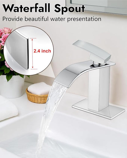 Midanya Waterfall Spout Bathroom Faucet Single Handle 1 Hole Bathroom Sink Faucet,Modern RV Lavatory Vanity Basin Tap with Water Hose,No Drain,Short Body,Polish Chrome