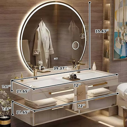 Floating Bathroom Vanity with Sink, Luxury Bathroom Vanity with LED Round Smart Defogger Mirror,Multilayer Solid Wood Spacious Storage Drawer Include Faucet and Drain Fittings,Double Sink(72")