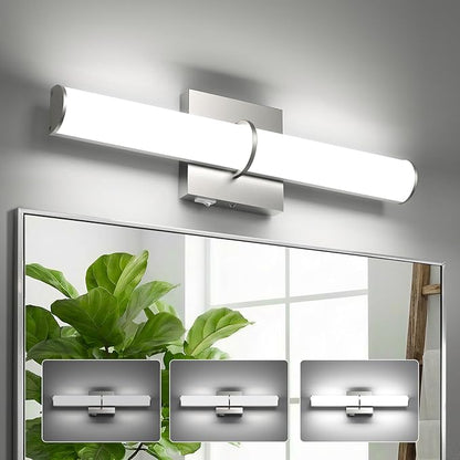 OOWOLF 17.3" Modern Vanity Light Fixture with Switch, 12W 5000K Led Bathroom Light Fixture Over Mirror, Hardwired, Brushed Nickel 1200LM Vanity Light Bar for Mirror Bedroom Hallway Living Room 2Pack