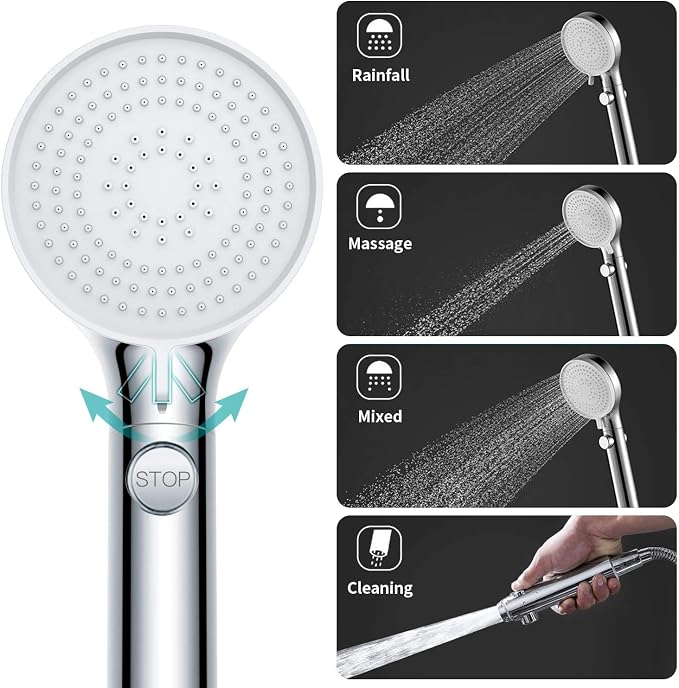 RV Shower Head with Hose, High Pressure Shower Head with Handheld On Off Switch, Travel Trailer, Motorhome and Boat and Camper Must Have RV Accessories Replacement Part, Chrome and White