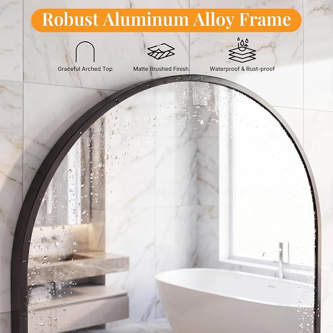 Sweetcrispy 30"x40" Arched Bathroom Mirror, Bathroom Mirrors for Over Sink | Modern Wall Mirrors Arch Decorative for Entryway, Bedroom, Vanity,Horizontal or Vertical Hanging, Black