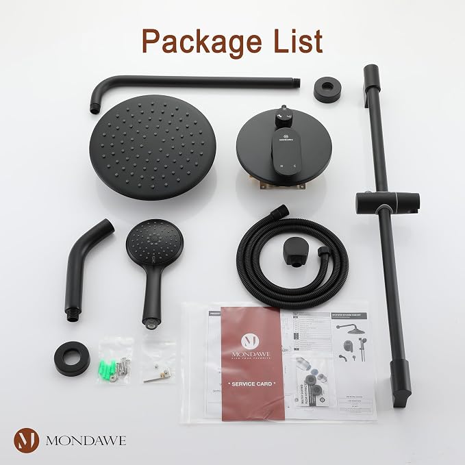 MONDAWE 9 Inch Wall Mounted Shower Faucet Set with Tub Spout in Matte Black, Rainfall Shower Head with 3-Setting Handheld Spray Shower Combo, High Pressure Shower System with Solid Brass Valve