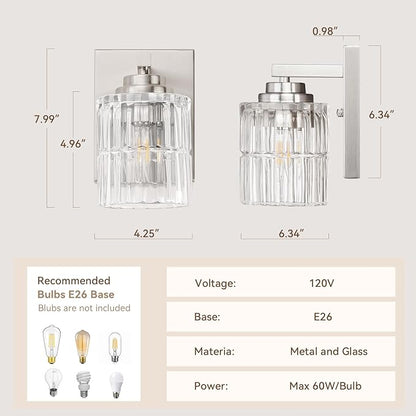 TALOYA Brushed Nickel 2 Pack Wall Sconces with Fluted Cylinder Glass Shade | Modern Vanity Lighting Fixtures, Bathroom Lights Over Mirror, Wall Mount Mirror Light Fixtures for Bathroom Hallway Bedroom