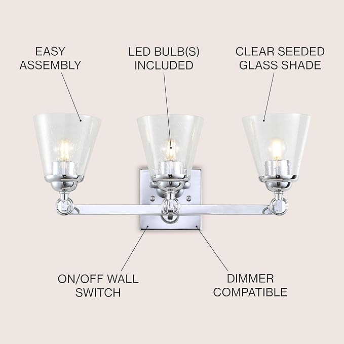 JONATHAN Y 21" Chrome Marion 3-Light Vanity Light Wall Sconce for Bathroom Decor, Clear Seeded Glass Shade, Reversible Hardwired Lamp for Mirror Hallway, LED Bulb (JYL7434A)