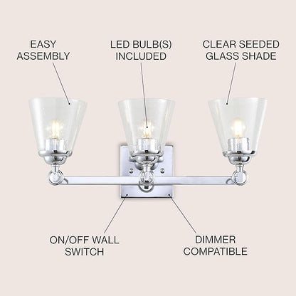 JONATHAN Y 21" Chrome Marion 3-Light Vanity Light Wall Sconce for Bathroom Decor, Clear Seeded Glass Shade, Reversible Hardwired Lamp for Mirror Hallway, LED Bulb (JYL7434A)