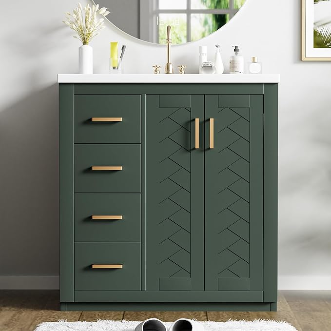 Merax Herringbone Single Sink Bathroom Vanity, Freestanding 30" Modern Bathroom Vanity Storage Cabinet with 3 Drawers and 2 Doors, Solid Wood Frame