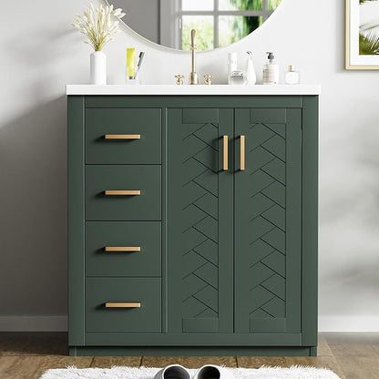 Merax Herringbone Single Sink Bathroom Vanity, Freestanding 30" Modern Bathroom Vanity Storage Cabinet with 3 Drawers and 2 Doors, Solid Wood Frame