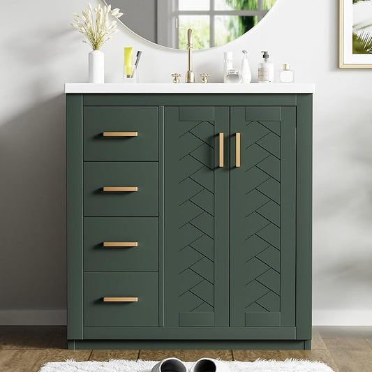 Merax Herringbone Single Sink Bathroom Vanity, Freestanding 30" Modern Bathroom Vanity Storage Cabinet with 3 Drawers and 2 Doors, Solid Wood Frame