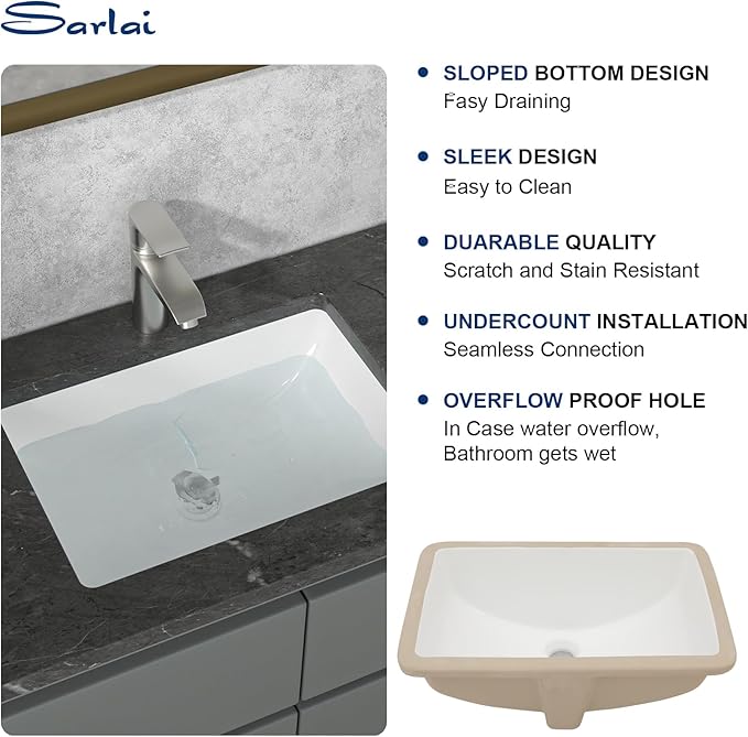 Sarlai Undermount Bathroom Sink White - 19.4 x 13.7 inch Rectangular Undermount Vessel Sink Modern White Ceramic Rectangle Sink, Vanity Sink Art Basin with Overflow, Interior Bowl Size 17.3"x11.6"
