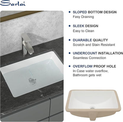 Sarlai Undermount Bathroom Sink White - 19.4 x 13.7 inch Rectangular Undermount Vessel Sink Modern White Ceramic Rectangle Sink, Vanity Sink Art Basin with Overflow, Interior Bowl Size 17.3"x11.6"