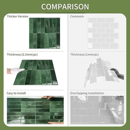 10 Sheets Upgraded Thicker Design Subway Tile Peel and Stick Backsplash | 12”×12”Self Adhesive Wall Tiles Stick on Back Splash for Kitchen,Bathroom,Camper(Forest Green)