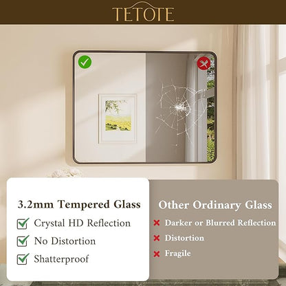 TETOTE Black Framed Bathroom Mirror, 24 x 30 Inch Matte Metal Frame Vanity Mirror, Modern Farmhouse Wall Mounted Rectangle Mirror (Horizontal/Vertical)