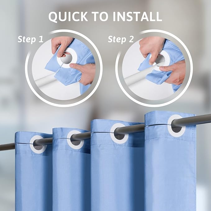 Furlinic Extra Wide Shower Curtain No Hooks Needed,Polyester Fabric Shower Curtain Liner with 12 Plastic Split Grommets,Waterproof & Machine Washable Hotel Style for Bathroom,Light Blue 96x72 inch