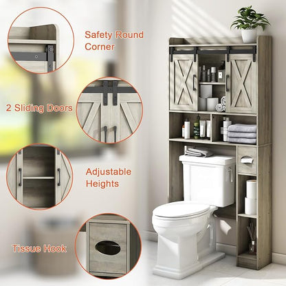 Vabches Over The Toilet Storage Cabinet with Sliding Doors, Grey | Farmhouse Storage Cabinet Over Toilet, Home Space-Saving Toilet Rack, Toilet Paper Holder Stand,for Restroom,Bathroom,Laundry