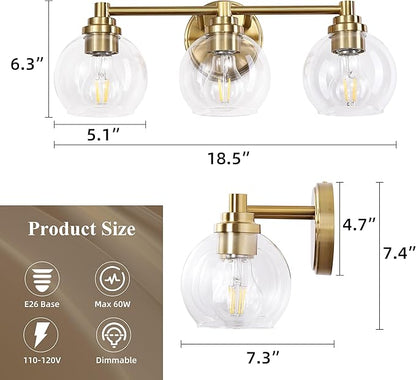 Upgrade 3-Light Bathroom Light Fixtures, Modern Vanity Light with Globe Glass Shade, Brushed Gold Bathroom Lights Over Mirror, Vanity Lights for Bathroom Bedroom Kitchen Hallway Living Room