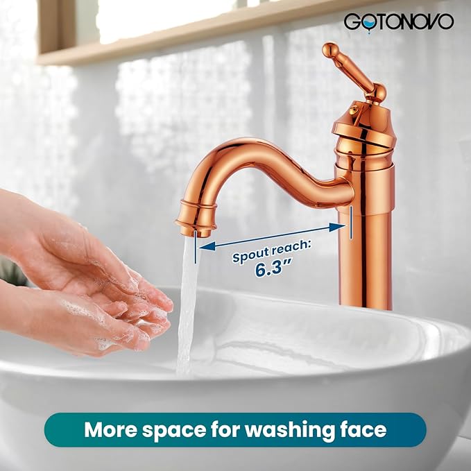 gotonovo Bathroom Vessel Sink Faucet Single Handle Brass Long Reach Bathroom Faucet 1 Hole Deck Mounted Mixer Tap with Pop Up Drain Rose Gold