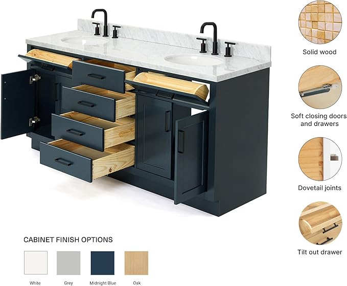 ARIEL Hepburn 72-inch Bathroom Vanity with Sink,Solid Wood, 1.5-inch Italian Carrara Marble Countertop, Double Oval Porcelain Sink, 4 Soft Closing Doors, 6 Dovetail Drawers, Midnight Blue