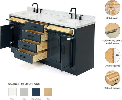 ARIEL Hepburn 72-inch Bathroom Vanity with Sink,Solid Wood, 1.5-inch Italian Carrara Marble Countertop, Double Oval Porcelain Sink, 4 Soft Closing Doors, 6 Dovetail Drawers, Midnight Blue