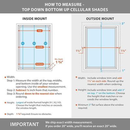 DEZ FURNISHINGS Cordless 1" Light Filtering Top Down Bottom Up Cellular Shade, 37.5"W x 72"H, White