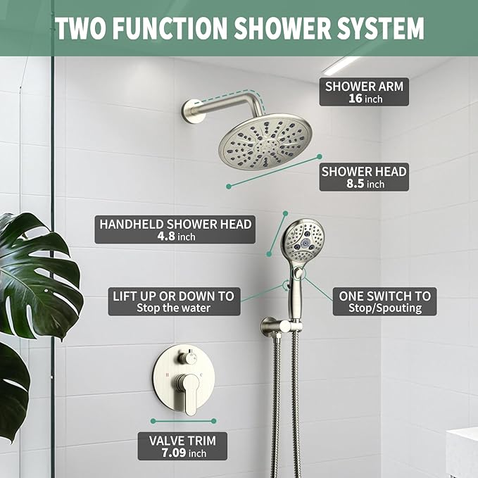 SunCleanse Shower System, Bathroom Rainfall Shower Faucet Set Complete with 7-Setting Handheld Shower Head Combo, Included Rough in Valve and Trim Kit, Brushed Nickel
