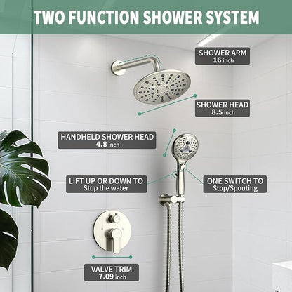 SunCleanse Shower System, Bathroom Rainfall Shower Faucet Set Complete with 7-Setting Handheld Shower Head Combo, Included Rough in Valve and Trim Kit, Brushed Nickel