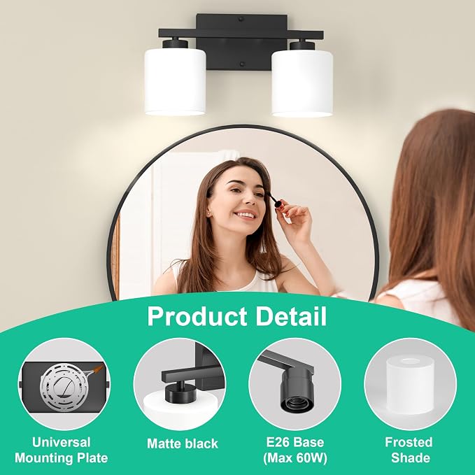 Honesorn Bathroom Light Fixtures Black, 2-Light Vanity Lights Over Mirror | Modern Bathroom Vanity Light with Milky White Frosted Shades, Wall Mounted Bathroom Lights, E26 Socket (Bulbs Not Included)