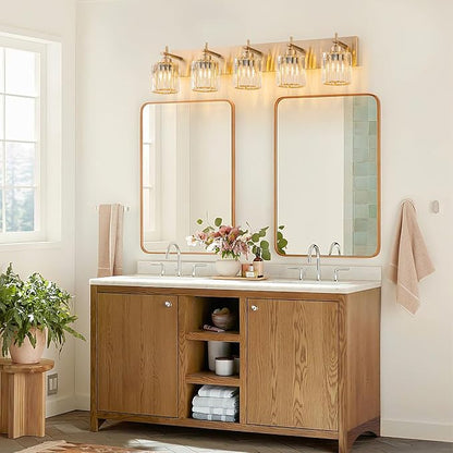 Modern Crystal Bathroom Vanity Lights, Gold 5-Lights Bathroom Light Fixtures Over Mirror, Crystal Wall Lighting with Polished Brass Finish