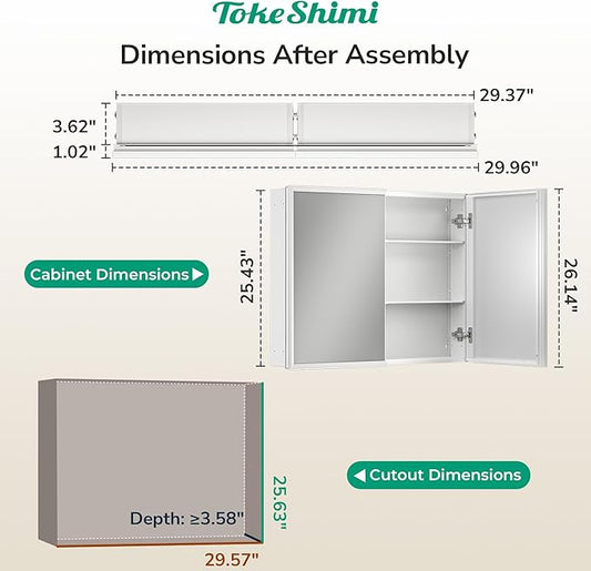 TokeShimi 30 x 26 White Recessed Medicine Cabinet with Mirror, Assembly Required, Bathroom Medicine Cabinet with Mirror, Stepless Adjustable Shelves, Beveled Aluminum Frame, DTC Hinge