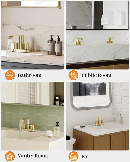 Homevacious Brushed Gold Bathroom Faucets Waterfall 4 Inch Centerset | Bathroom Sink Faucet Stainless Steel with Pop up Sink Drain Supply Hose Basin Mixer Tap for Vanity RV 2 or 3 Hole Sink