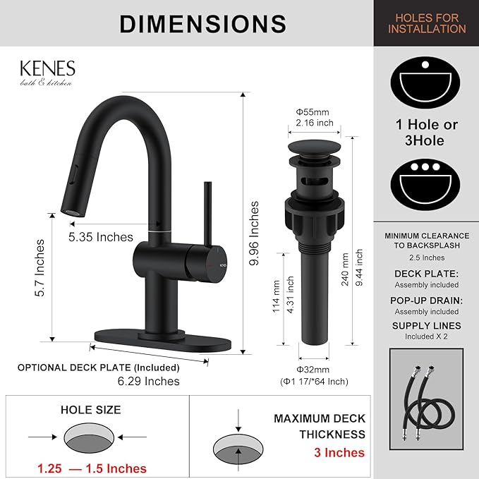 KENES Pull Down Bathroom Faucet with Sprayer, Matte Black Single Handle Bathroom Sink Faucet with Pull Out Sprayer, Vanity Bar Faucet with Pop Up Drain & Deck Plate, KE-9065B-2
