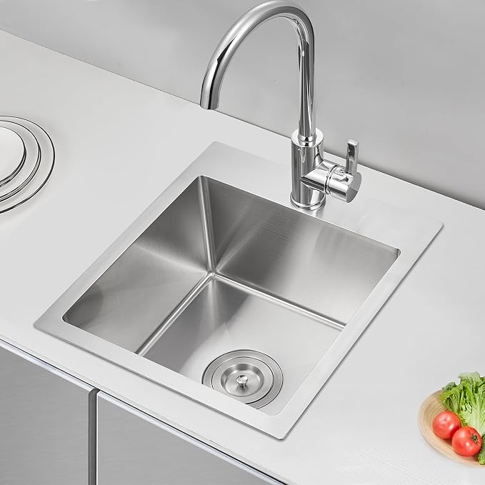 Brushed Topmount Kitchen Sink - 13”×15” Single Bowl Sink | 8 Inch Deep Handmade Bar Sink with Strainer, Stainless Steel 304, Center Drain, X-Groove Drainage, Sound-Dampening Pad