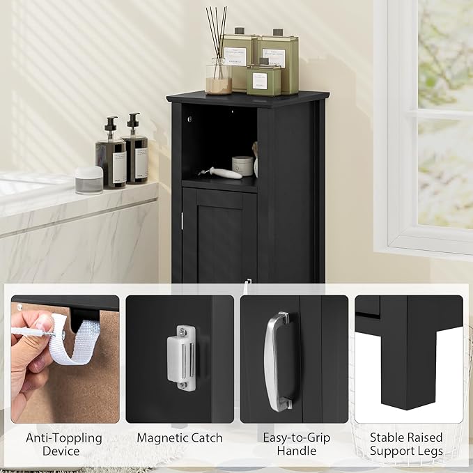 Tangkula Bathroom Floor Storage Cabinet With Anti-Tipping Device, 3-Height Adjustable Shelf, Wood Freestanding Side Cabinet for Home Office, 12 x 12 x 31.5 Inches (Black)