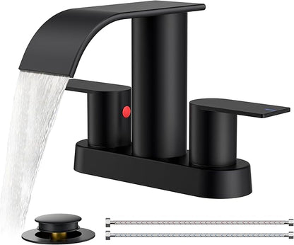 FORIOUS Matte Black Bathroom Faucets, Waterfall 4 Inch Centerset Bathroom Sink Faucet with Metal Pop up Drain and cUPC Hose for Basin, Vanity, RV, Pedestal 2 or 3 Hole Sink