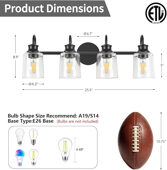 4 Lights Bathroom Light Fixtures Modern Black Vanity Lights | ETL Certificate, Easy to Install,Wall Mount Up or Down,Thickened Glass Lampshade,E26 Socket,Hardwired